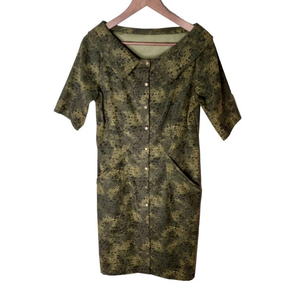 Vtg Roedean Shift Retro 50s Dress Short Sleeve Green Gator Animal Print Pinup - Picture 1 of 7
